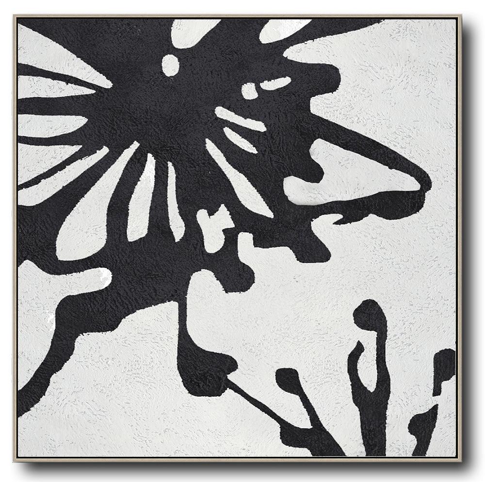 Handmade Large Contemporary Art,Minimal Black White Abstract Flower Painting - Artwork For Sale